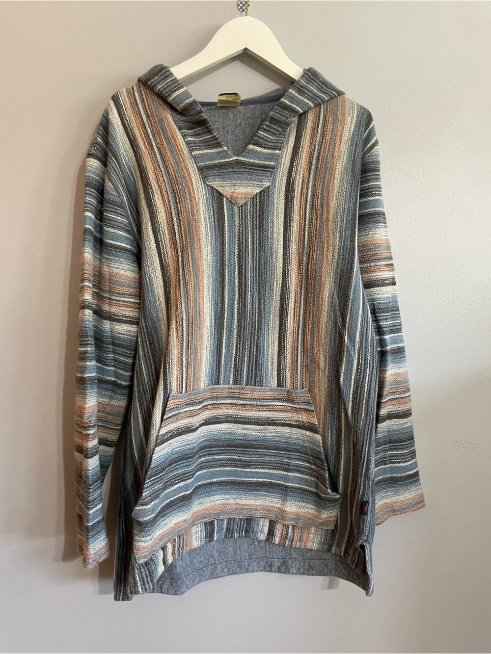 Faherty Striped V-Neck Reversible Hoodie Sweater in Blue and Tan